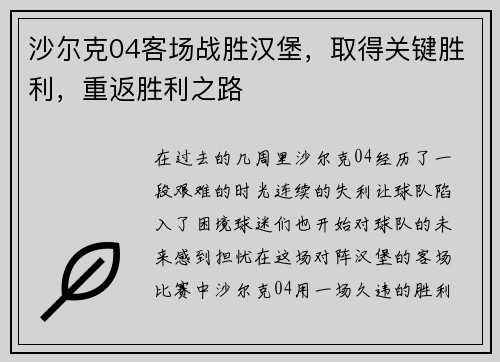 沙尔克04客场战胜汉堡，取得关键胜利，重返胜利之路